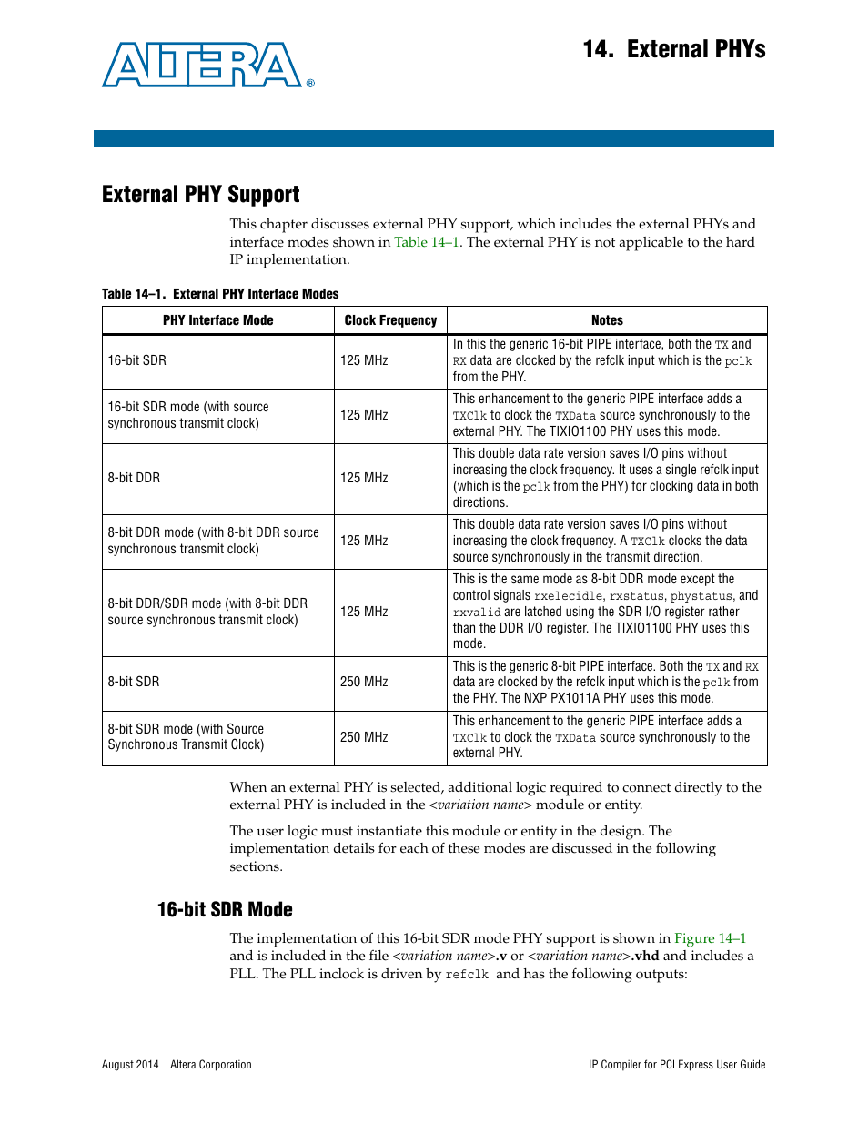 External phys, External phy support, Bit sdr mode | Refer to, Chapter 14, external phys | Altera IP Compiler for PCI Express User Manual | Page 221 / 372