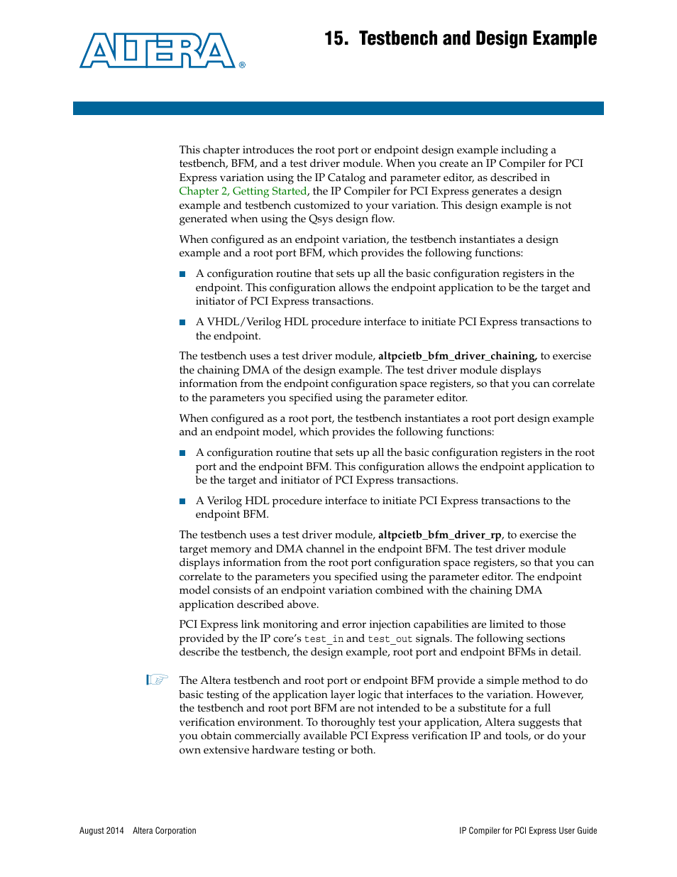 Testbench and design example, Chapter 15, Comp | Chapter 15, testbench and design example | Altera IP Compiler for PCI Express User Manual | Page 233 / 372