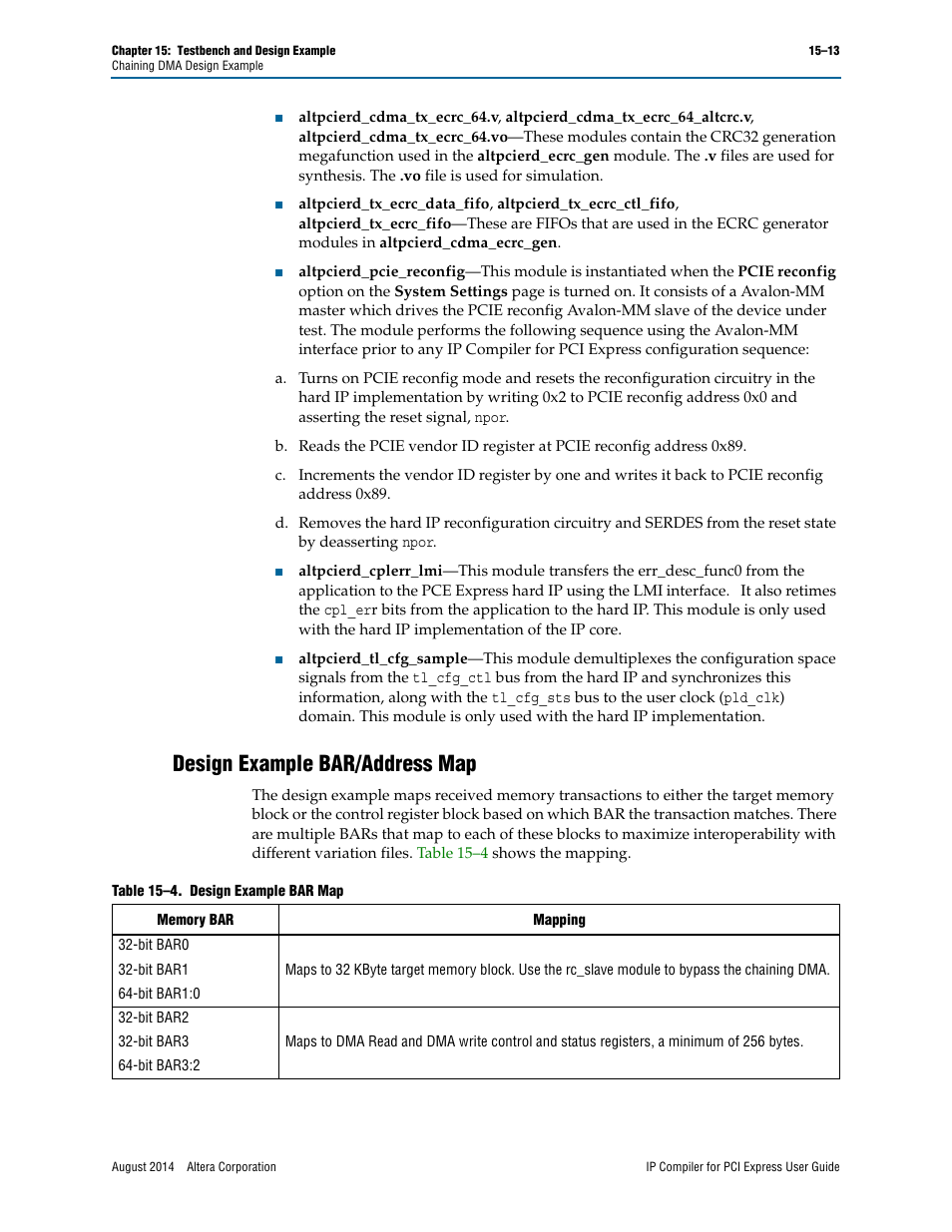 Design example bar/address map | Altera IP Compiler for PCI Express User Manual | Page 245 / 372