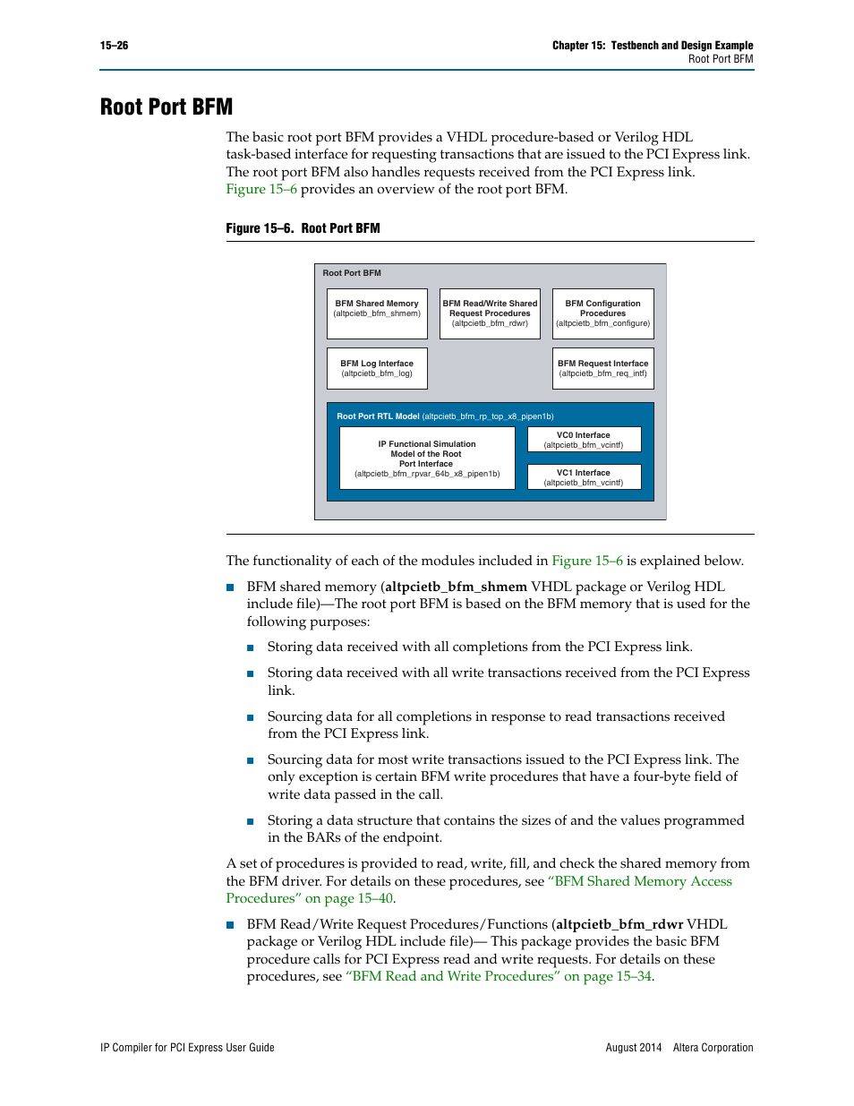Root port bfm, Ons. refer to the, Root port bfm” on | Space. refer to the, R to the, Root, Refer to the | Altera IP Compiler for PCI Express User Manual | Page 258 / 372
