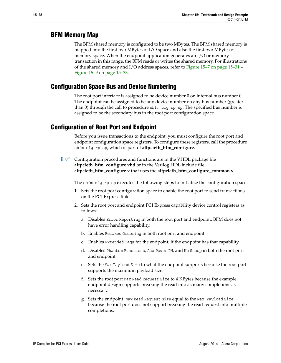 Bfm memory map, Configuration space bus and device numbering, Configuration of root port and endpoint | Altera IP Compiler for PCI Express User Manual | Page 260 / 372