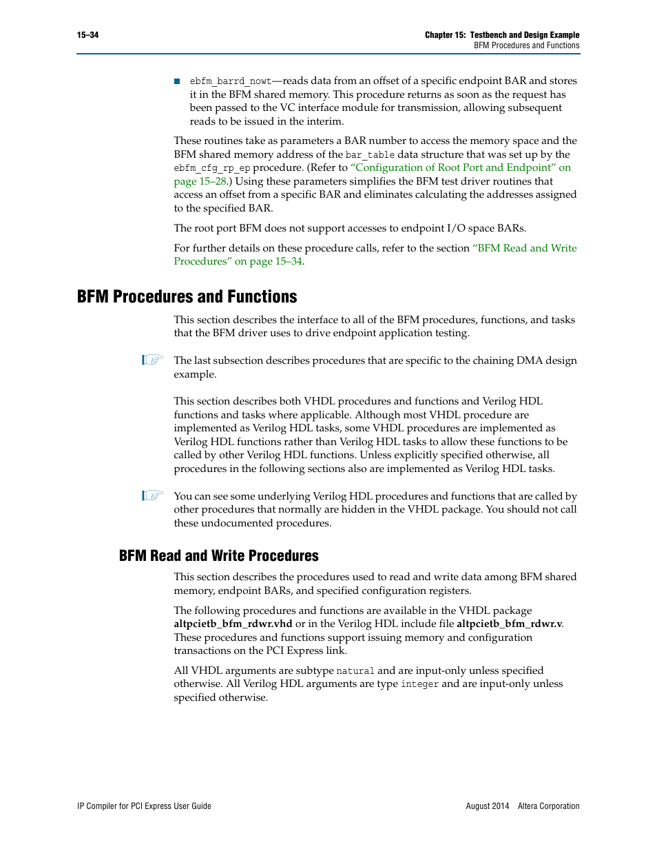 Bfm procedures and functions, Bfm read and write procedures | Altera IP Compiler for PCI Express User Manual | Page 266 / 372