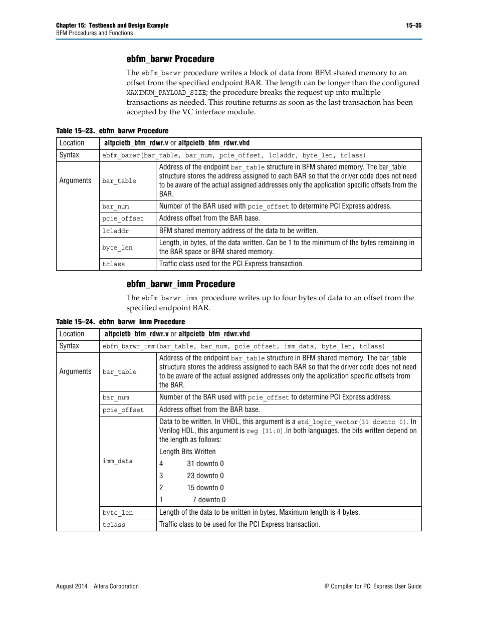 Ebfm_barwr procedure, Ebfm_barwr_imm procedure | Altera IP Compiler for PCI Express User Manual | Page 267 / 372