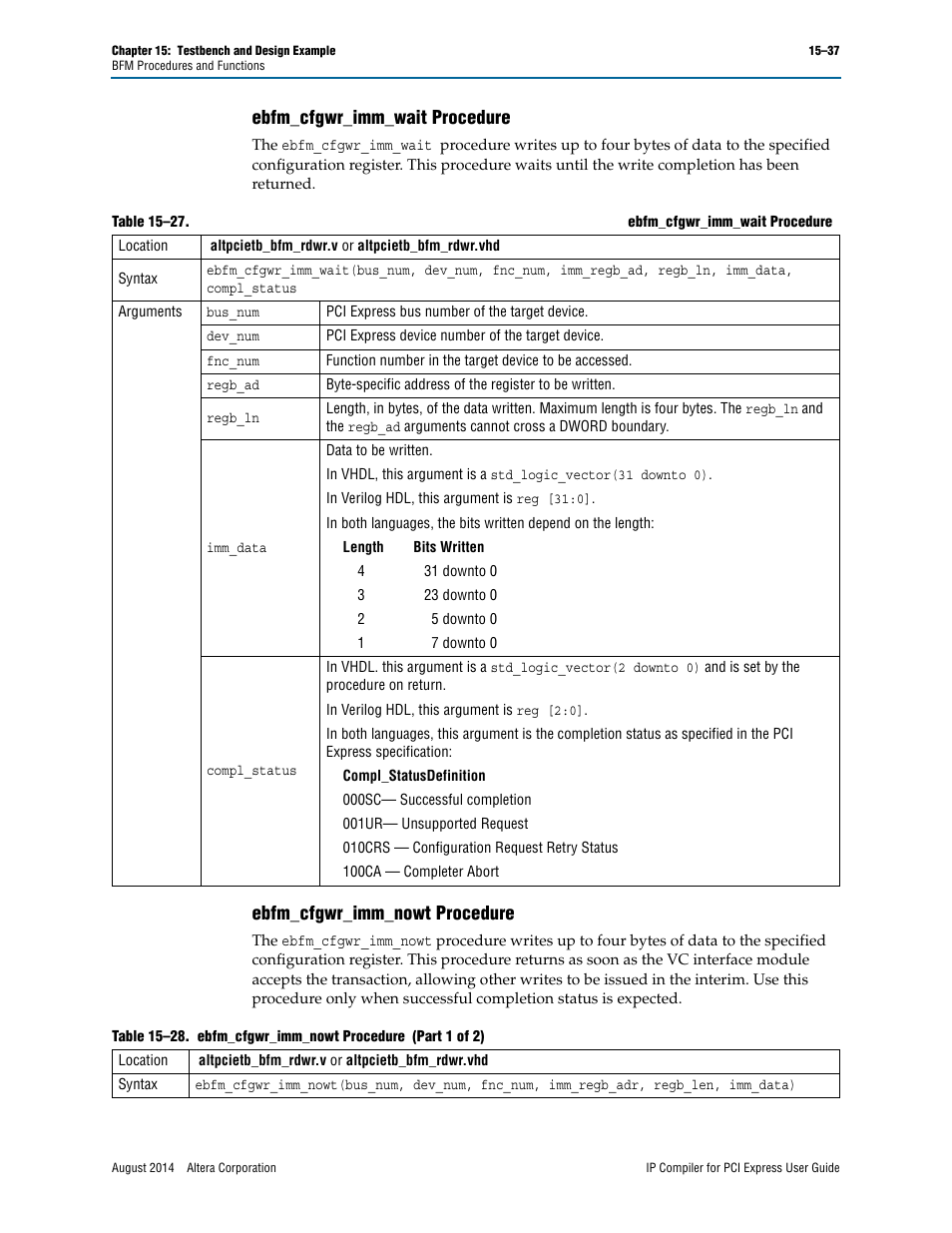 Ebfm_cfgwr_imm_wait procedure, Ebfm_cfgwr_imm_nowt procedure | Altera IP Compiler for PCI Express User Manual | Page 269 / 372
