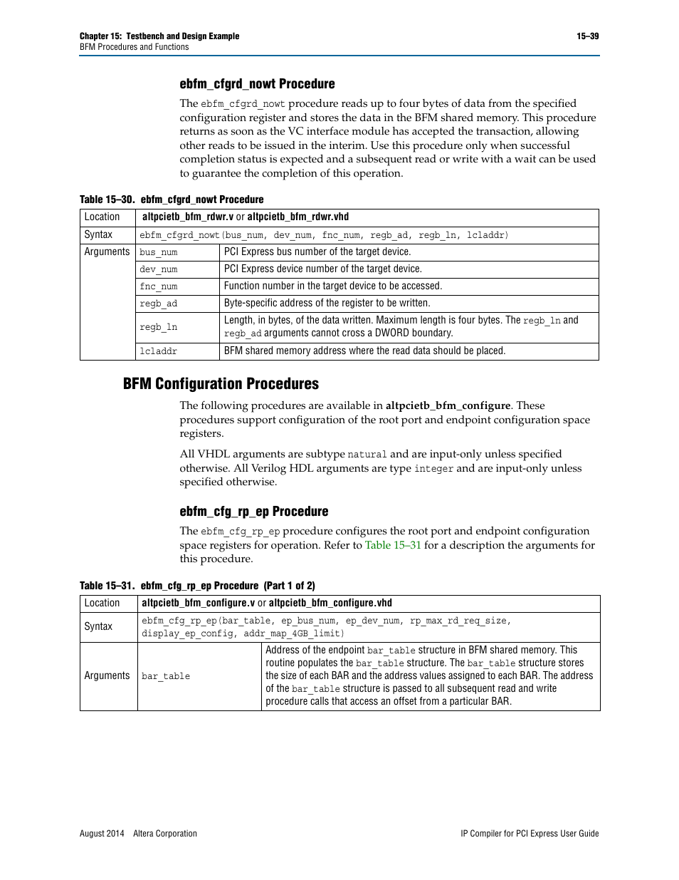 Ebfm_cfgrd_nowt procedure, Bfm configuration procedures, Ebfm_cfg_rp_ep procedure | Altera IP Compiler for PCI Express User Manual | Page 271 / 372