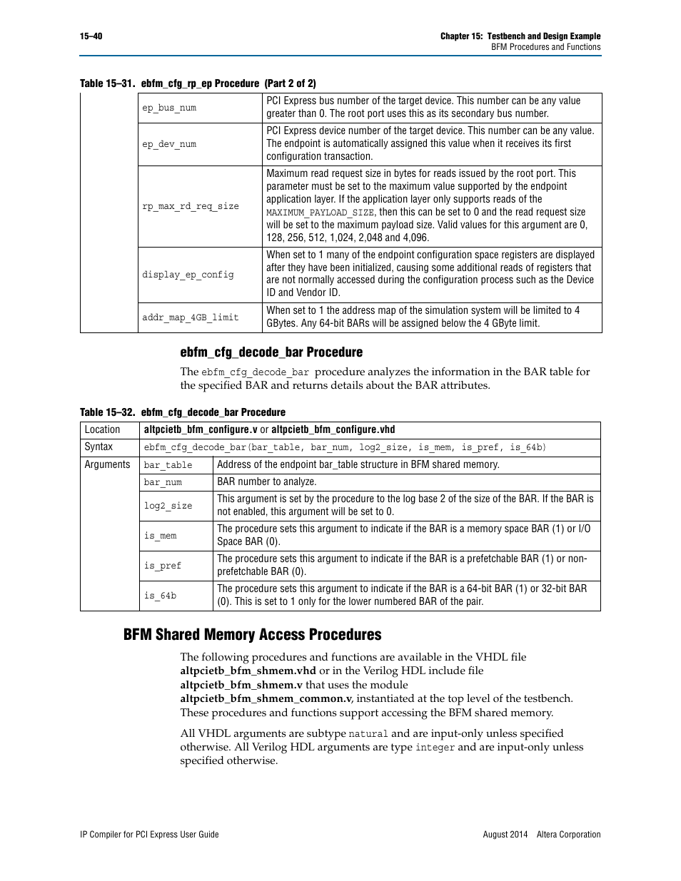 Ebfm_cfg_decode_bar procedure, Bfm shared memory access procedures, Bfm shared memory access | Altera IP Compiler for PCI Express User Manual | Page 272 / 372