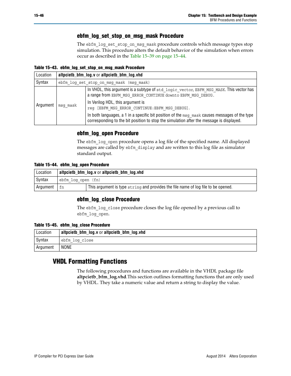 Ebfm_log_set_stop_on_msg_mask procedure, Ebfm_log_open procedure, Ebfm_log_close procedure | Vhdl formatting functions | Altera IP Compiler for PCI Express User Manual | Page 278 / 372