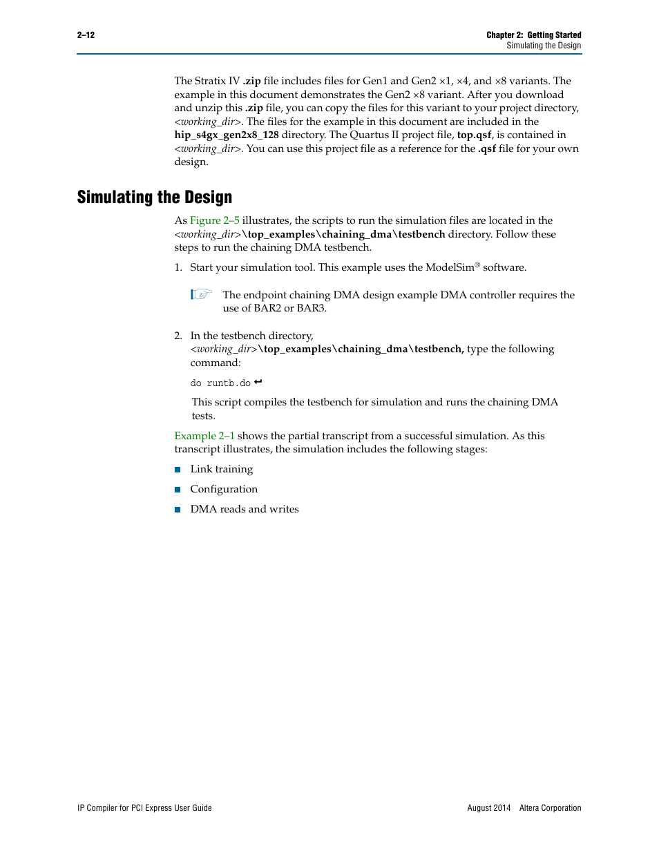 Simulating the design | Altera IP Compiler for PCI Express User Manual | Page 28 / 372