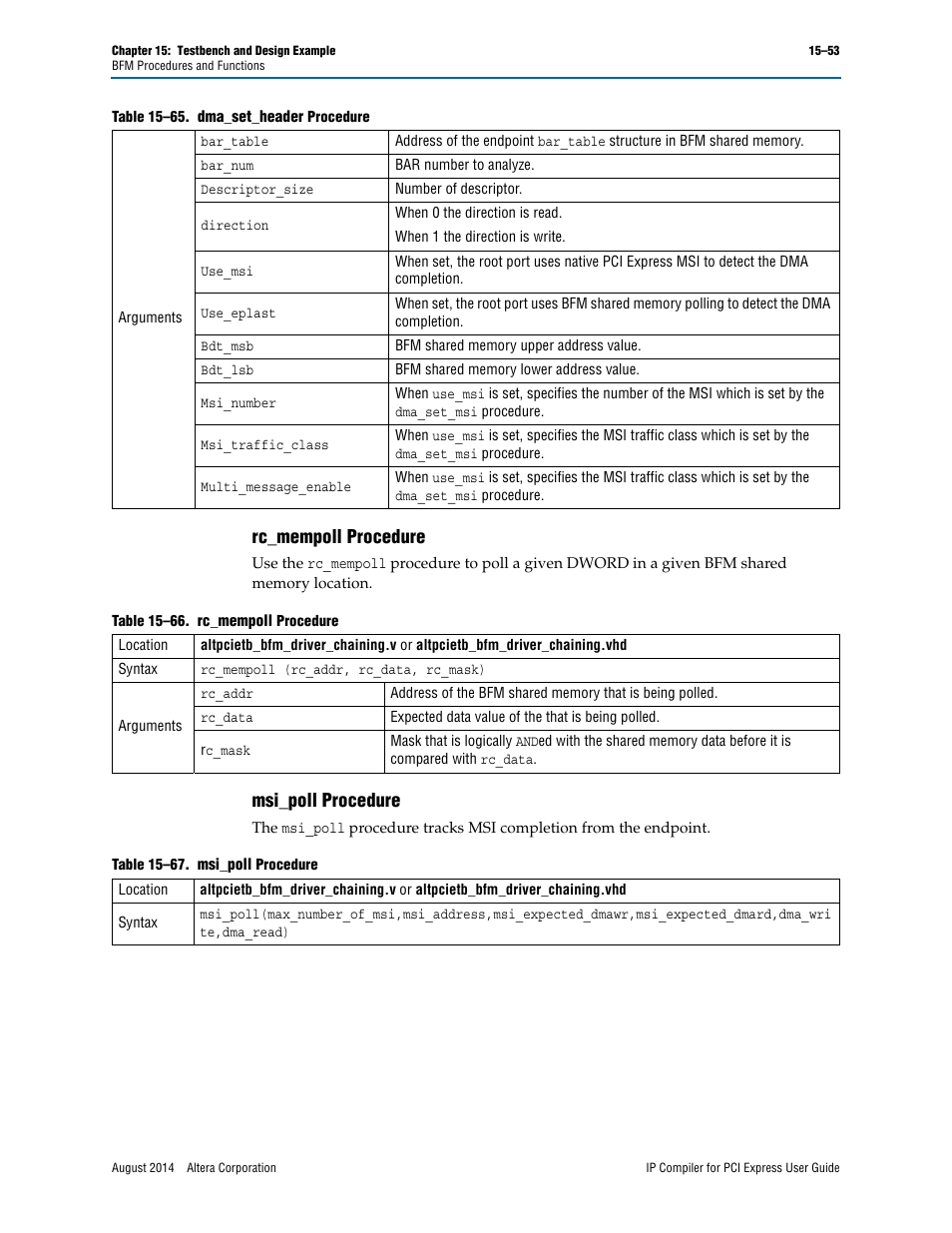 Rc_mempoll procedure, Msi_poll procedure | Altera IP Compiler for PCI Express User Manual | Page 285 / 372