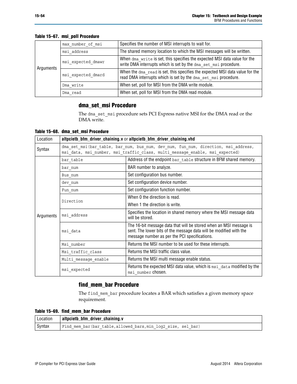 Dma_set_msi procedure, Find_mem_bar procedure | Altera IP Compiler for PCI Express User Manual | Page 286 / 372