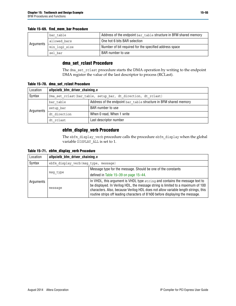 Dma_set_rclast procedure, Ebfm_display_verb procedure | Altera IP Compiler for PCI Express User Manual | Page 287 / 372