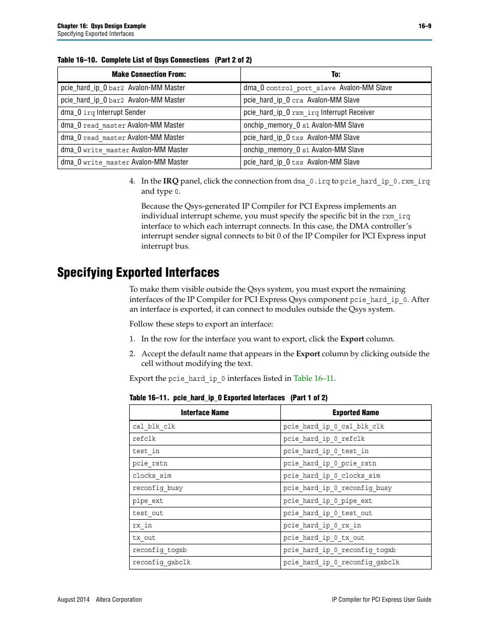 Specifying exported interfaces | Altera IP Compiler for PCI Express User Manual | Page 297 / 372