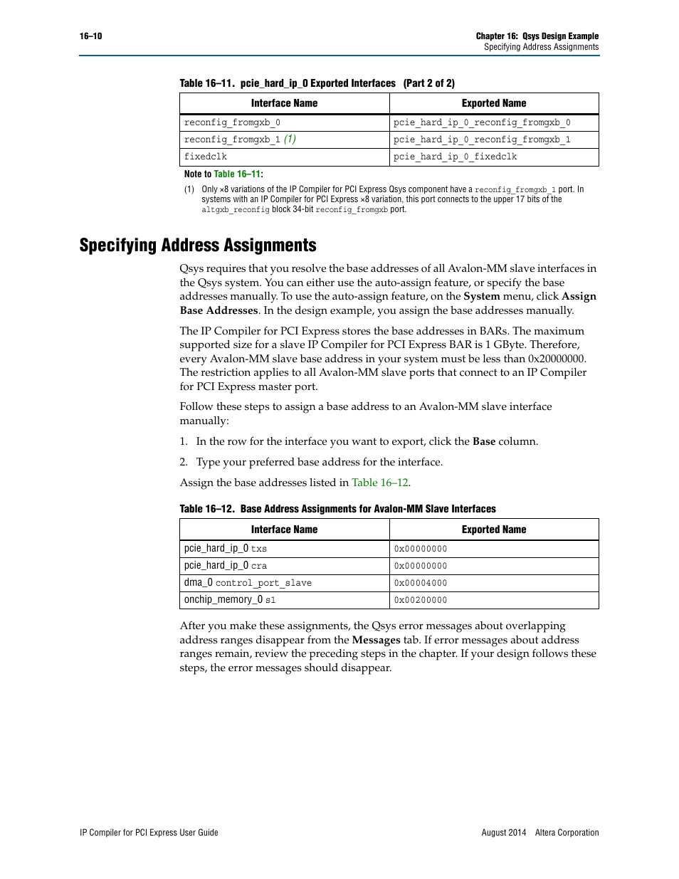 Specifying address assignments | Altera IP Compiler for PCI Express User Manual | Page 298 / 372