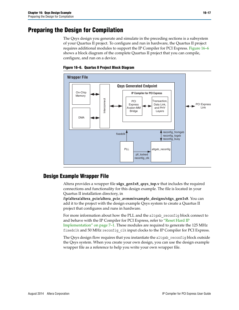 Preparing the design for compilation, Design example wrapper file | Altera IP Compiler for PCI Express User Manual | Page 305 / 372