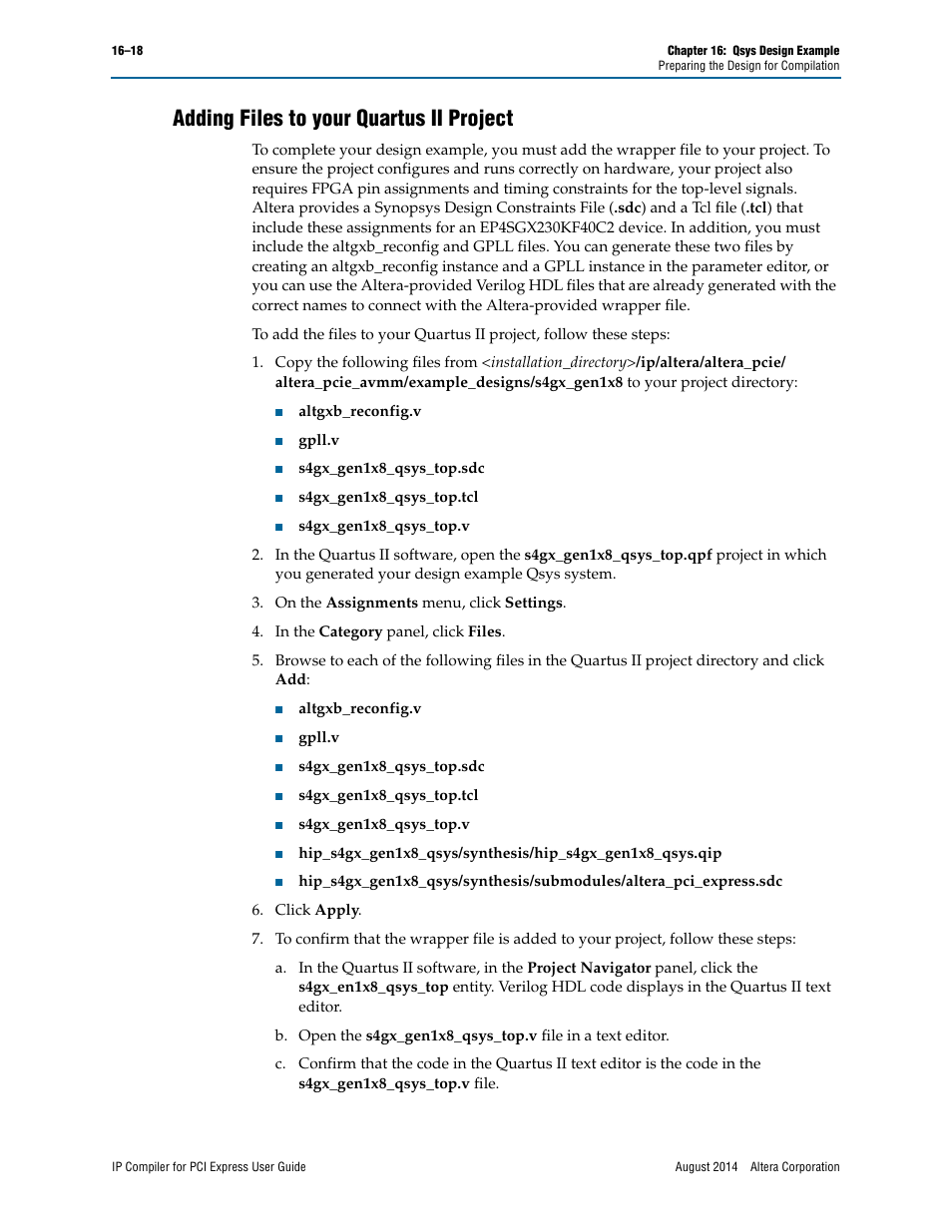 Adding files to your quartus ii project | Altera IP Compiler for PCI Express User Manual | Page 306 / 372