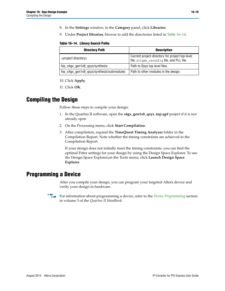 Compiling the design, Programming a device | Altera IP Compiler for PCI Express User Manual | Page 307 / 372