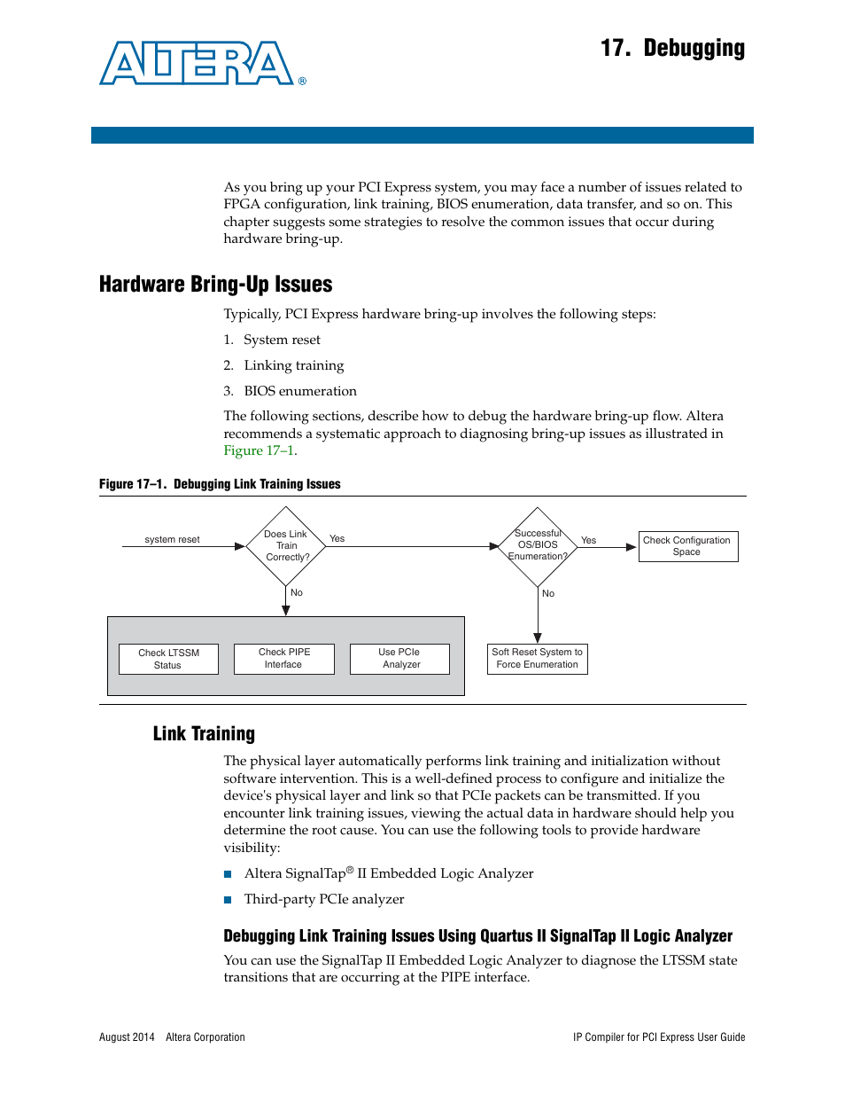 Debugging, Hardware bring-up issues, Link training | Chapter 17, debugging | Altera IP Compiler for PCI Express User Manual | Page 309 / 372