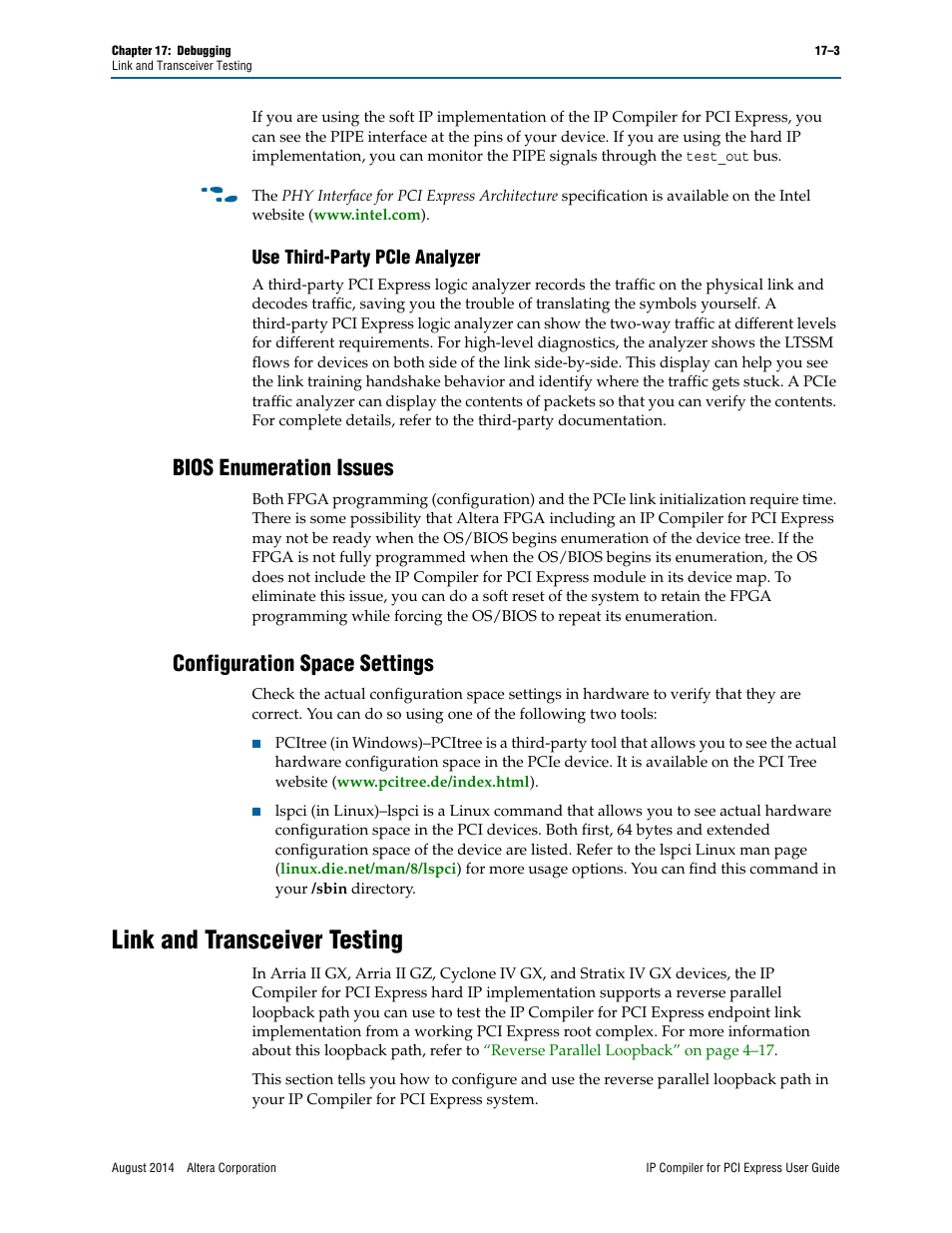 Use third-party pcie analyzer, Bios enumeration issues, Configuration space settings | Link and transceiver testing | Altera IP Compiler for PCI Express User Manual | Page 311 / 372