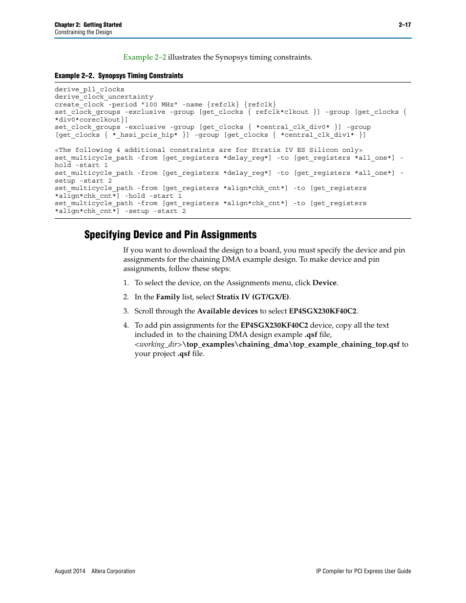 Specifying device and pin assignments | Altera IP Compiler for PCI Express User Manual | Page 33 / 372