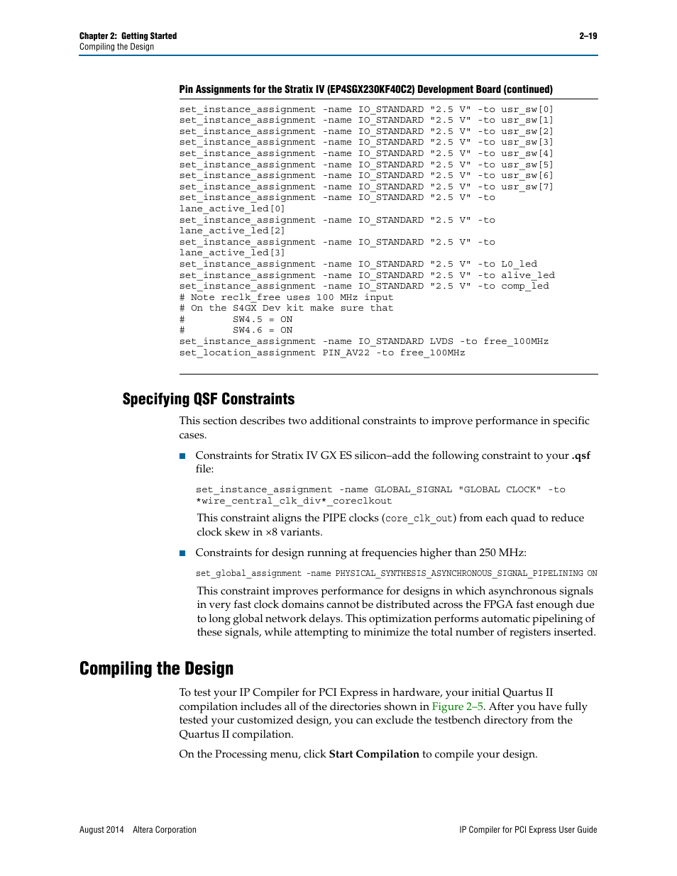 Specifying qsf constraints, Compiling the design | Altera IP Compiler for PCI Express User Manual | Page 35 / 372