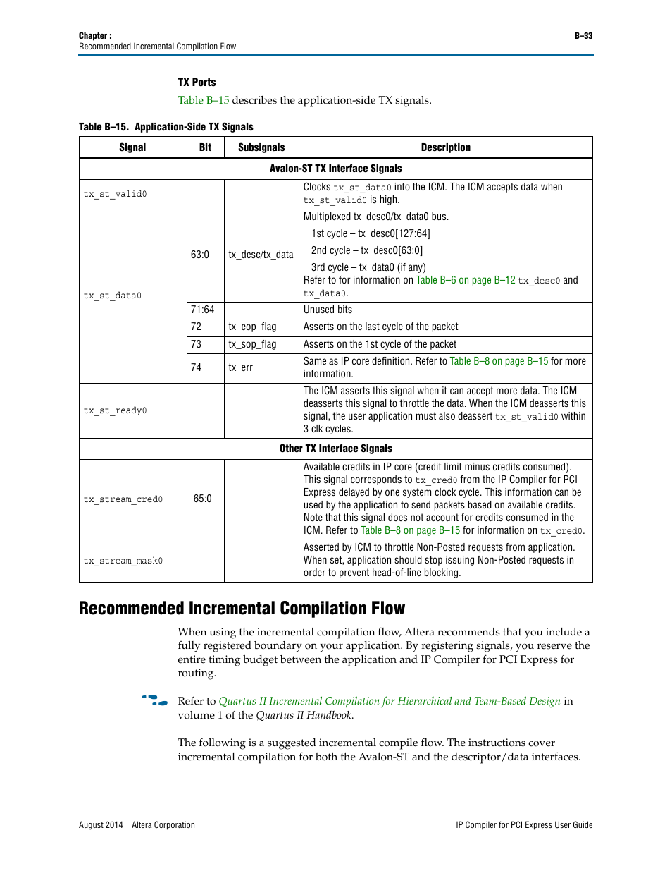 Recommended incremental compilation flow, Table b–15 on | Altera IP Compiler for PCI Express User Manual | Page 351 / 372