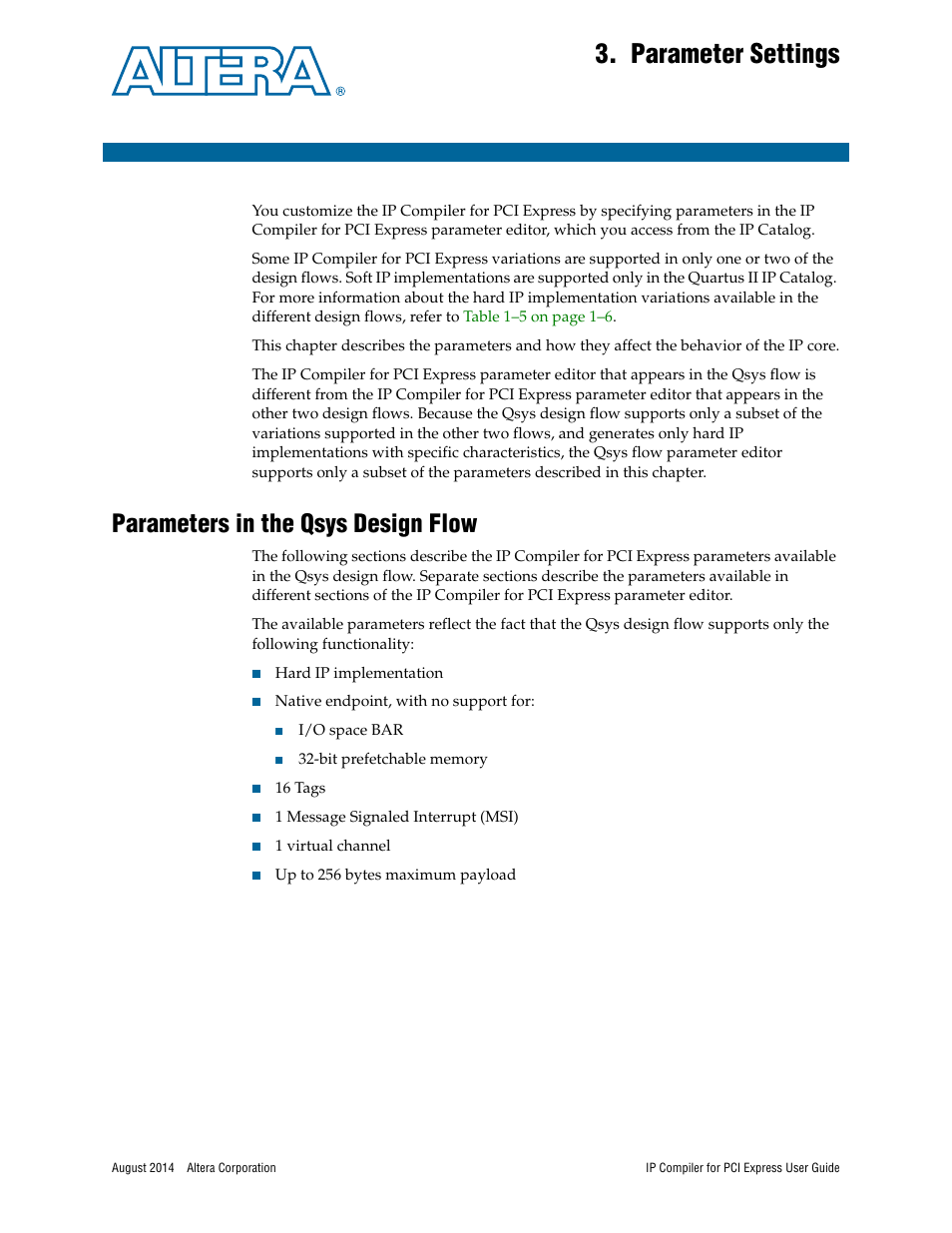 Parameter settings, Parameters in the qsys design flow | Altera IP Compiler for PCI Express User Manual | Page 37 / 372