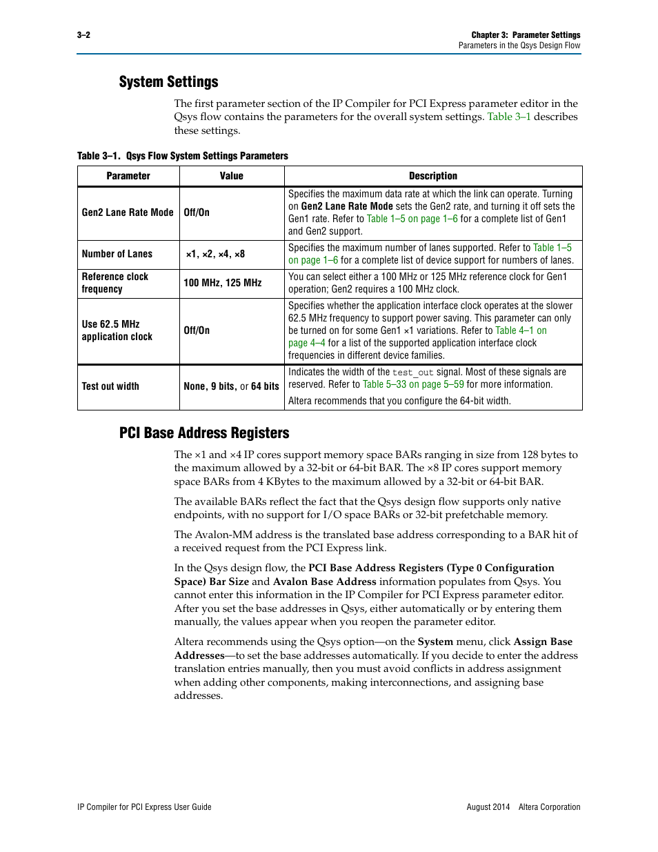 System settings, Pci base address registers | Altera IP Compiler for PCI Express User Manual | Page 38 / 372