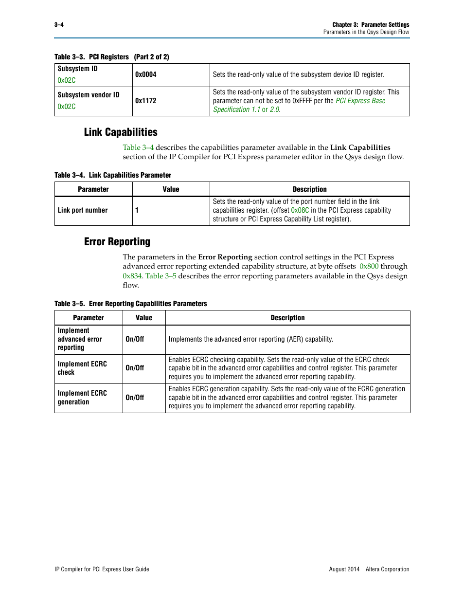 Link capabilities, Error reporting | Altera IP Compiler for PCI Express User Manual | Page 40 / 372
