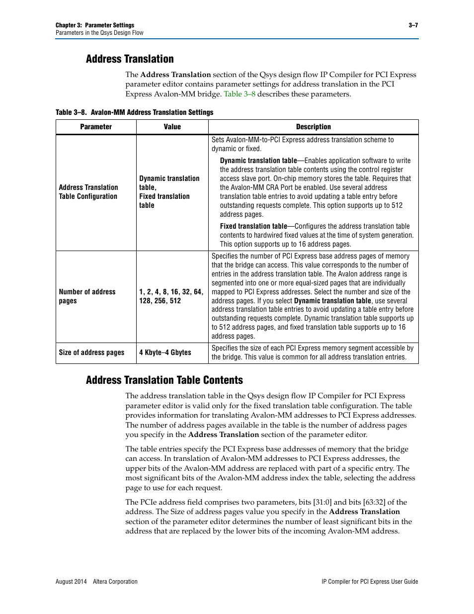 Address translation, Address translation table contents | Altera IP Compiler for PCI Express User Manual | Page 43 / 372