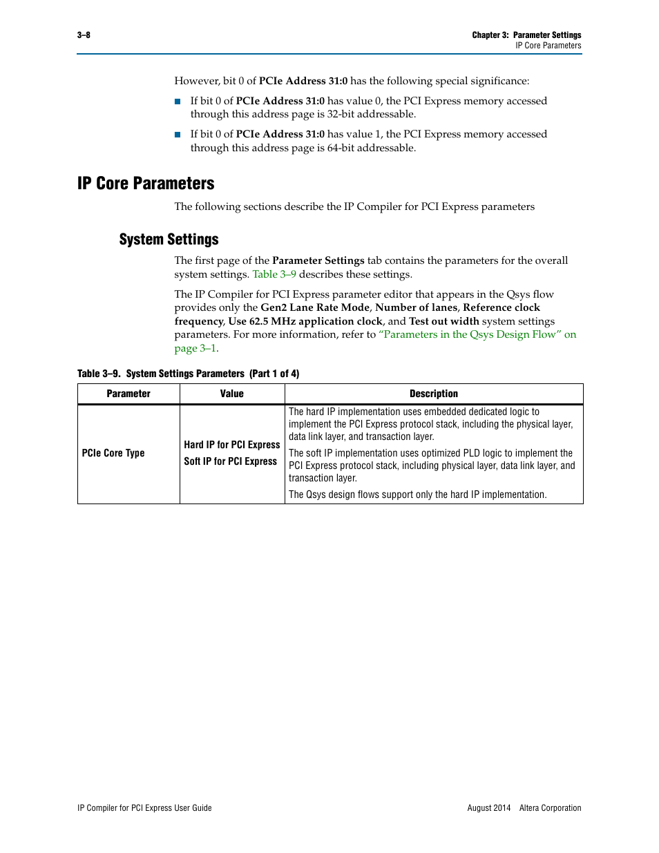 Ip core parameters, System settings | Altera IP Compiler for PCI Express User Manual | Page 44 / 372