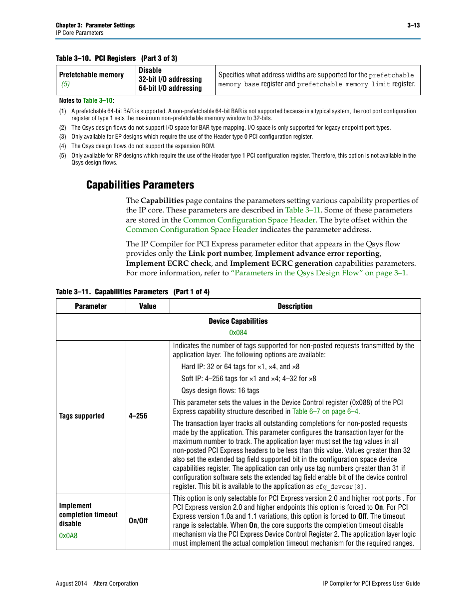 Capabilities parameters, Space, Memor | Altera IP Compiler for PCI Express User Manual | Page 49 / 372