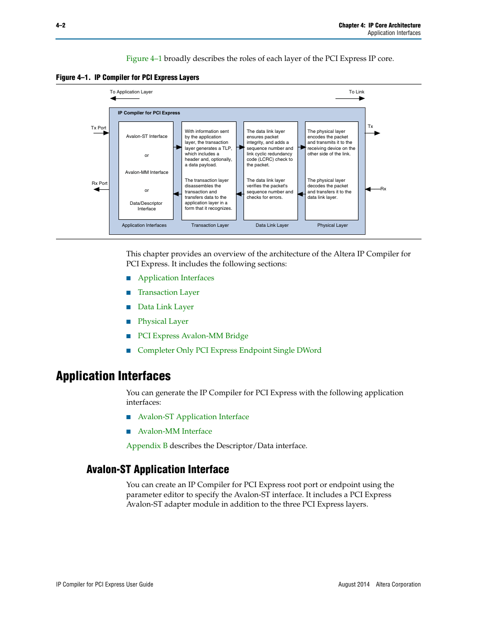 Application interfaces, Avalon-st application interface | Altera IP Compiler for PCI Express User Manual | Page 60 / 372