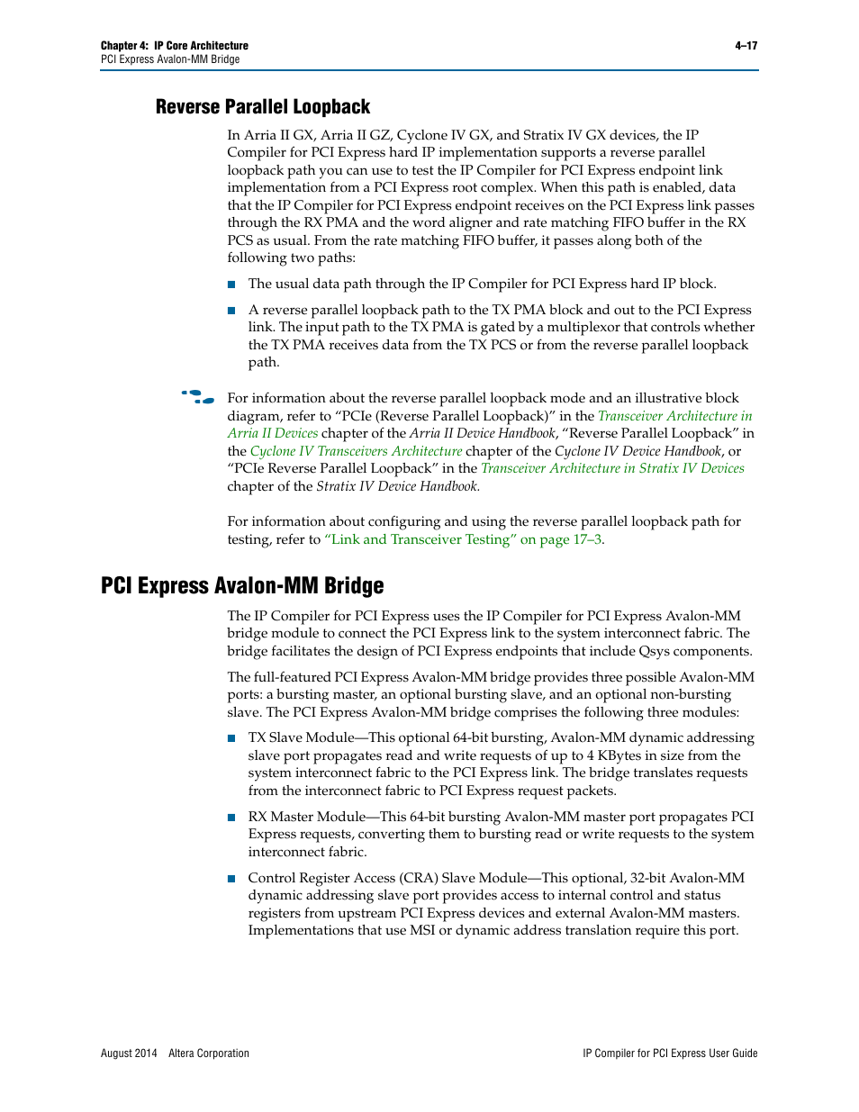 Reverse parallel loopback, Pci express avalon-mm bridge | Altera IP Compiler for PCI Express User Manual | Page 75 / 372