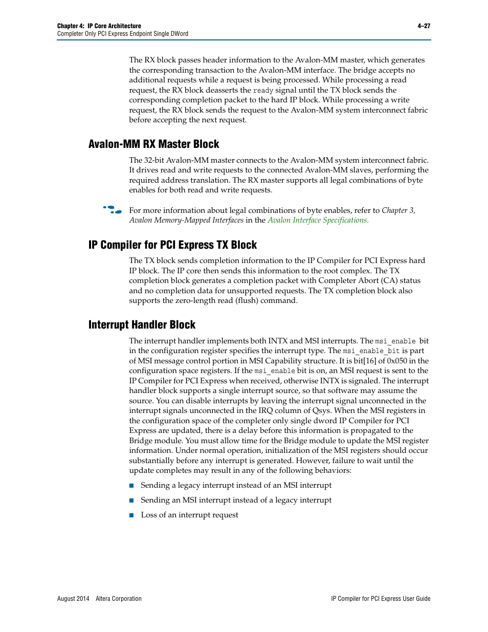 Avalon-mm rx master block, Ip compiler for pci express tx block, Interrupt handler block | Altera IP Compiler for PCI Express User Manual | Page 85 / 372