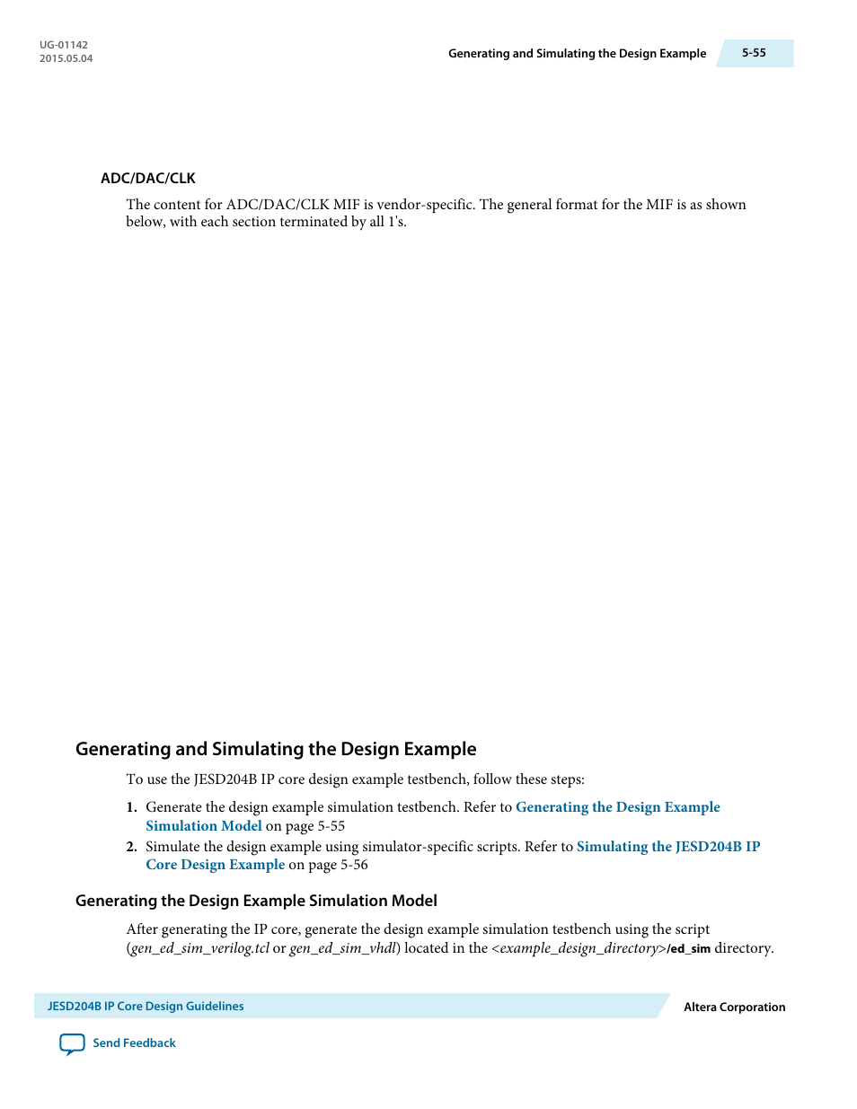 Generating and simulating the design example, Generating the design example simulation model, Generating and simulating the design example -55 | Ip core design example for simulation—refer to | Altera JESD204B IP User Manual | Page 136 / 158