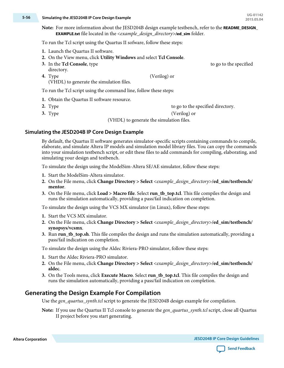 Simulating the jesd204b ip core design example, Generating the design example for compilation, Generating the design example for compilation -56 | Simulating the jesd204b ip, Core design example | Altera JESD204B IP User Manual | Page 137 / 158