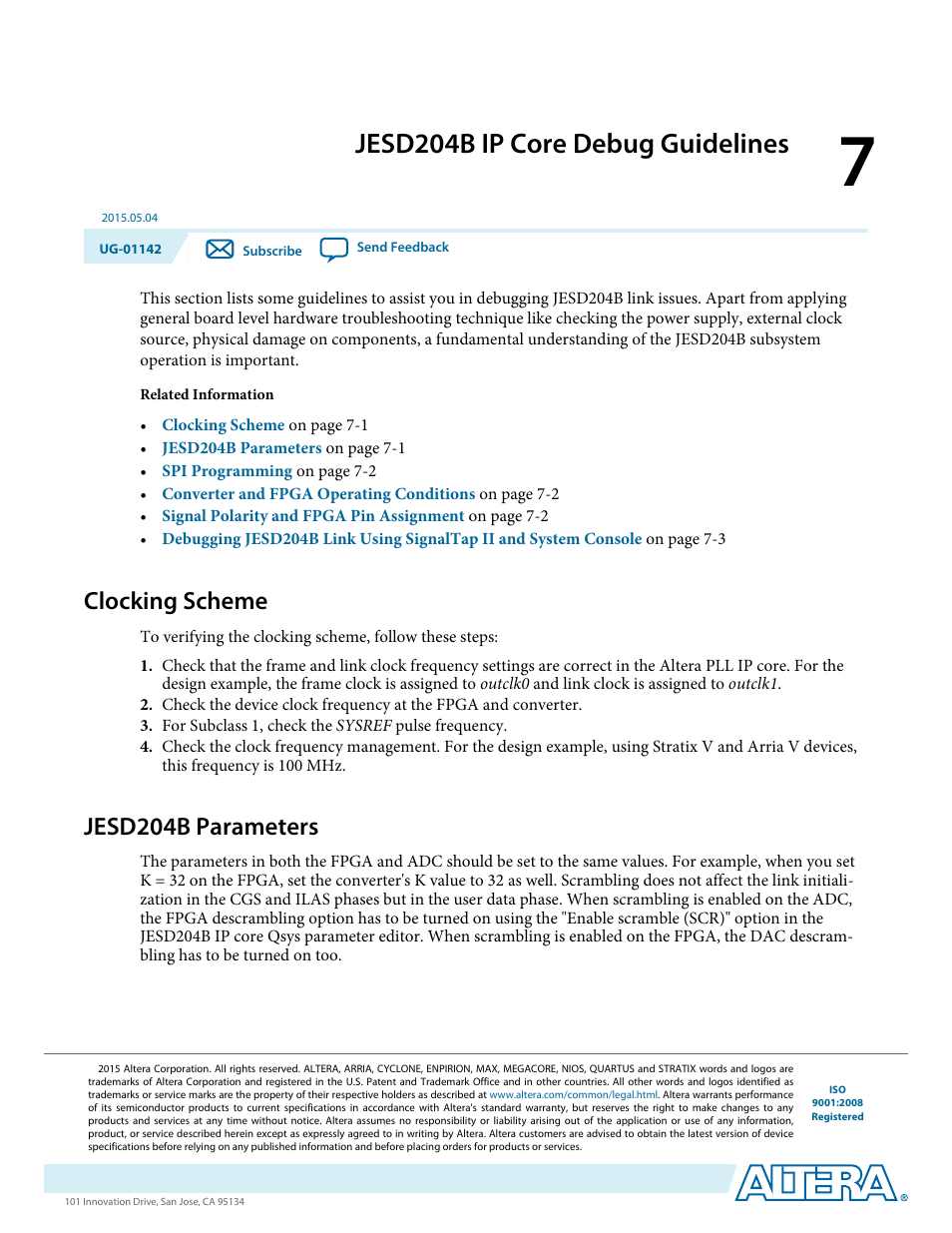 Jesd204b ip core debug guidelines, Clocking scheme, Jesd204b parameters | Jesd204b ip core debug guidelines -1, Clocking scheme -1, Jesd204b parameters -1 | Altera JESD204B IP User Manual | Page 148 / 158