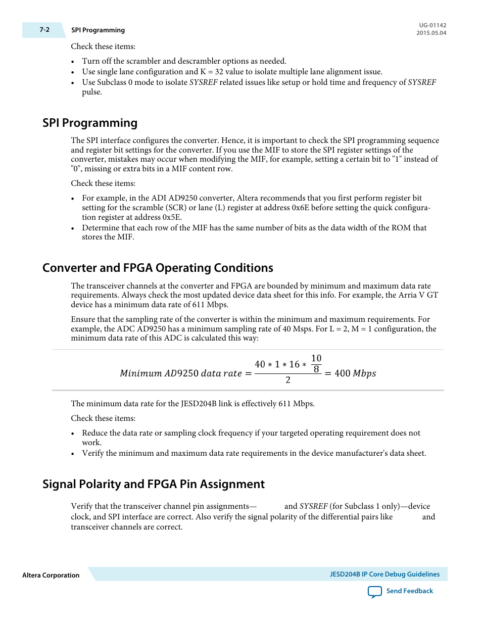 Spi programming, Converter and fpga operating conditions, Signal polarity and fpga pin assignment | Spi programming -2, Converter and fpga operating conditions -2, Signal polarity and fpga pin assignment -2 | Altera JESD204B IP User Manual | Page 149 / 158
