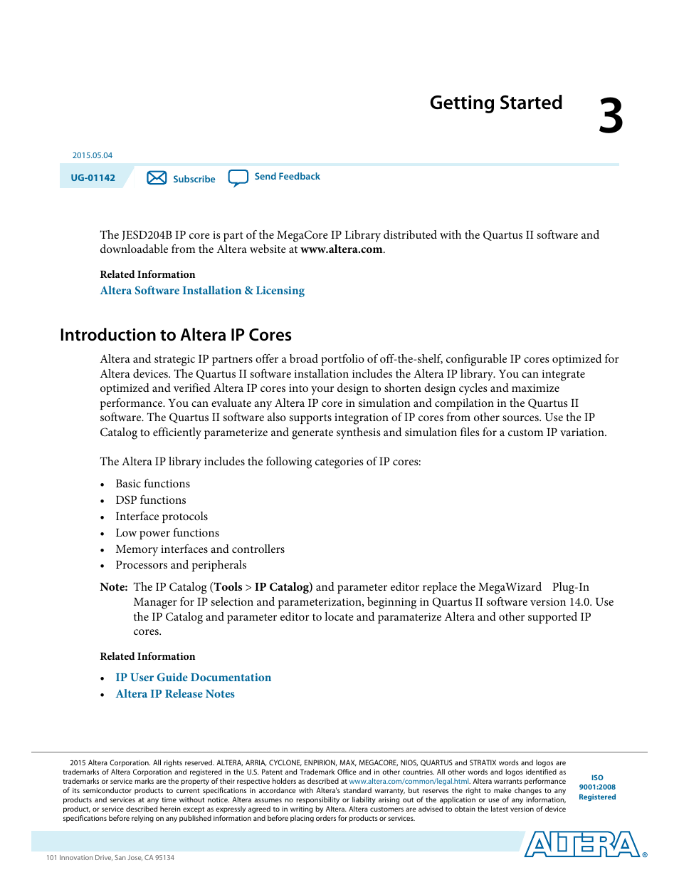 Getting started, Introduction to altera ip cores, Getting started -1 | Introduction to altera ip cores -1 | Altera JESD204B IP User Manual | Page 15 / 158