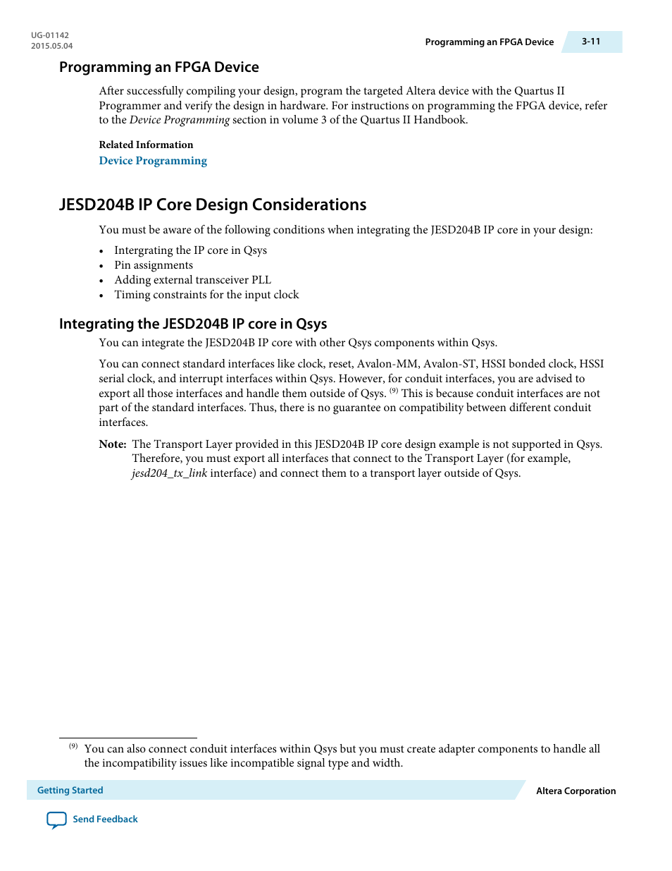 Programming an fpga device, Jesd204b ip core design considerations, Integrating the jesd204b ip core in qsys | Programming an fpga device -11, Jesd204b ip core design considerations -11, Integrating the jesd204b ip core in qsys -11, Refer to the | Altera JESD204B IP User Manual | Page 25 / 158