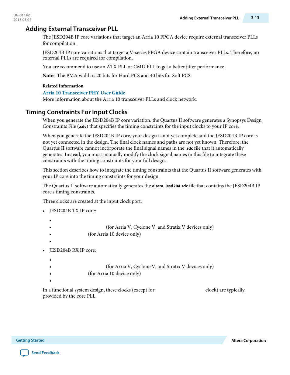 Adding external transceiver pll, Timing constraints for input clocks, Adding external transceiver pll -13 | Timing constraints for input clocks -13 | Altera JESD204B IP User Manual | Page 27 / 158