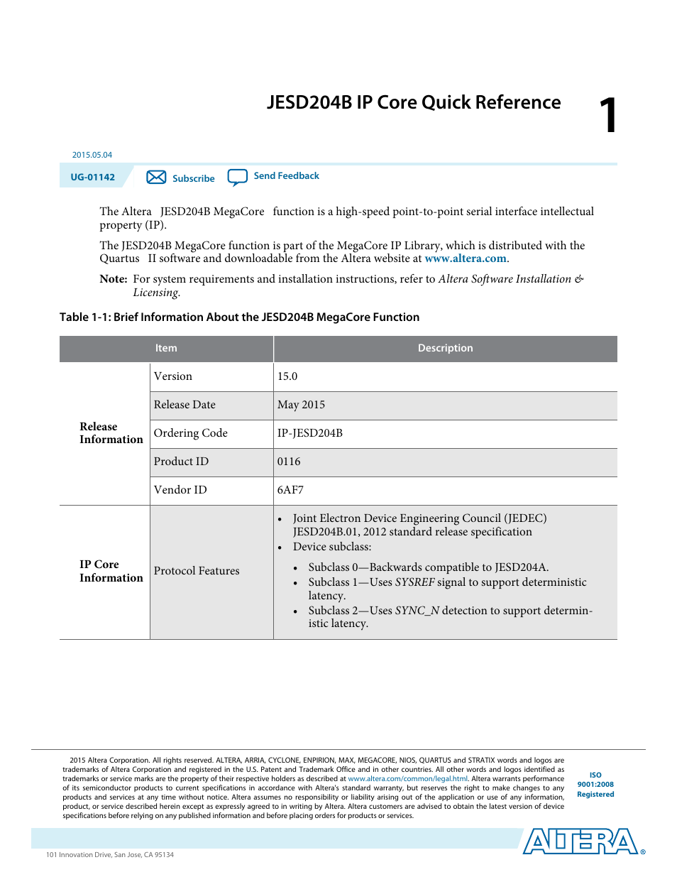 Jesd204b ip core quick reference, Jesd204b ip core quick reference -1 | Altera JESD204B IP User Manual | Page 4 / 158