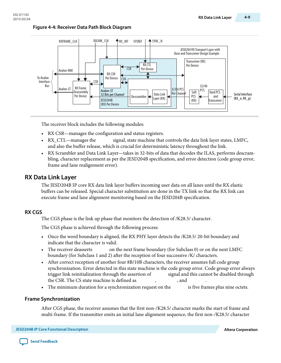 Rx data link layer, Rx cgs, Frame synchronization | Rx data link layer -9 | Altera JESD204B IP User Manual | Page 46 / 158