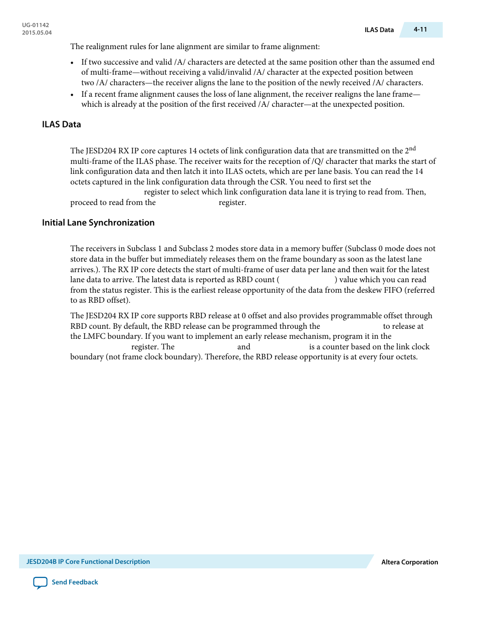 Ilas data, Initial lane synchronization | Altera JESD204B IP User Manual | Page 48 / 158