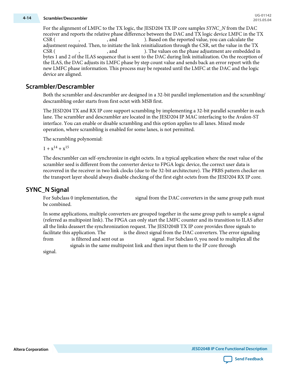 Scrambler/descrambler, Sync_n signal, Scrambler/descrambler -14 | Sync_n signal -14 | Altera JESD204B IP User Manual | Page 51 / 158