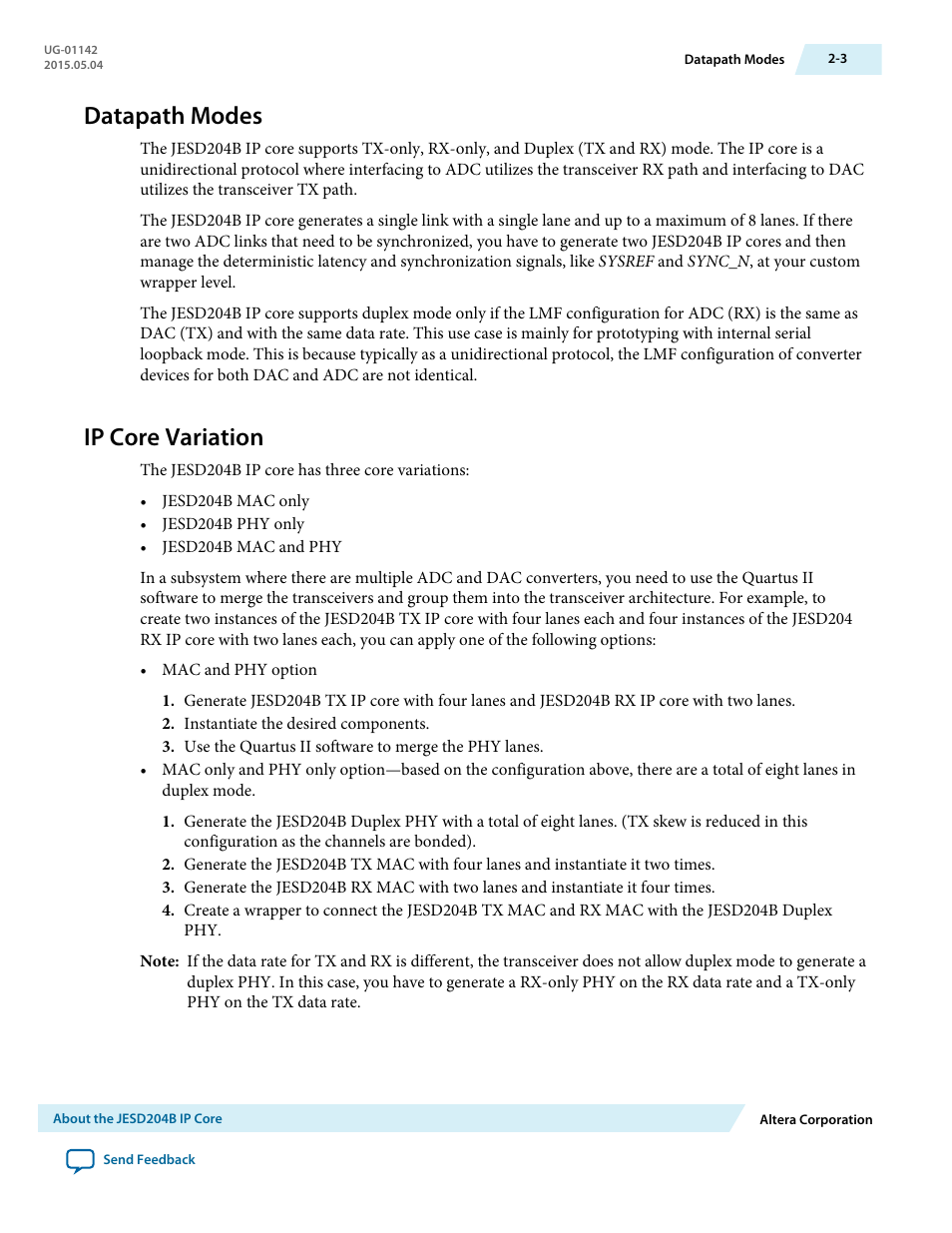 Datapath modes, Ip core variation, Datapath modes -3 | Ip core variation -3 | Altera JESD204B IP User Manual | Page 8 / 158
