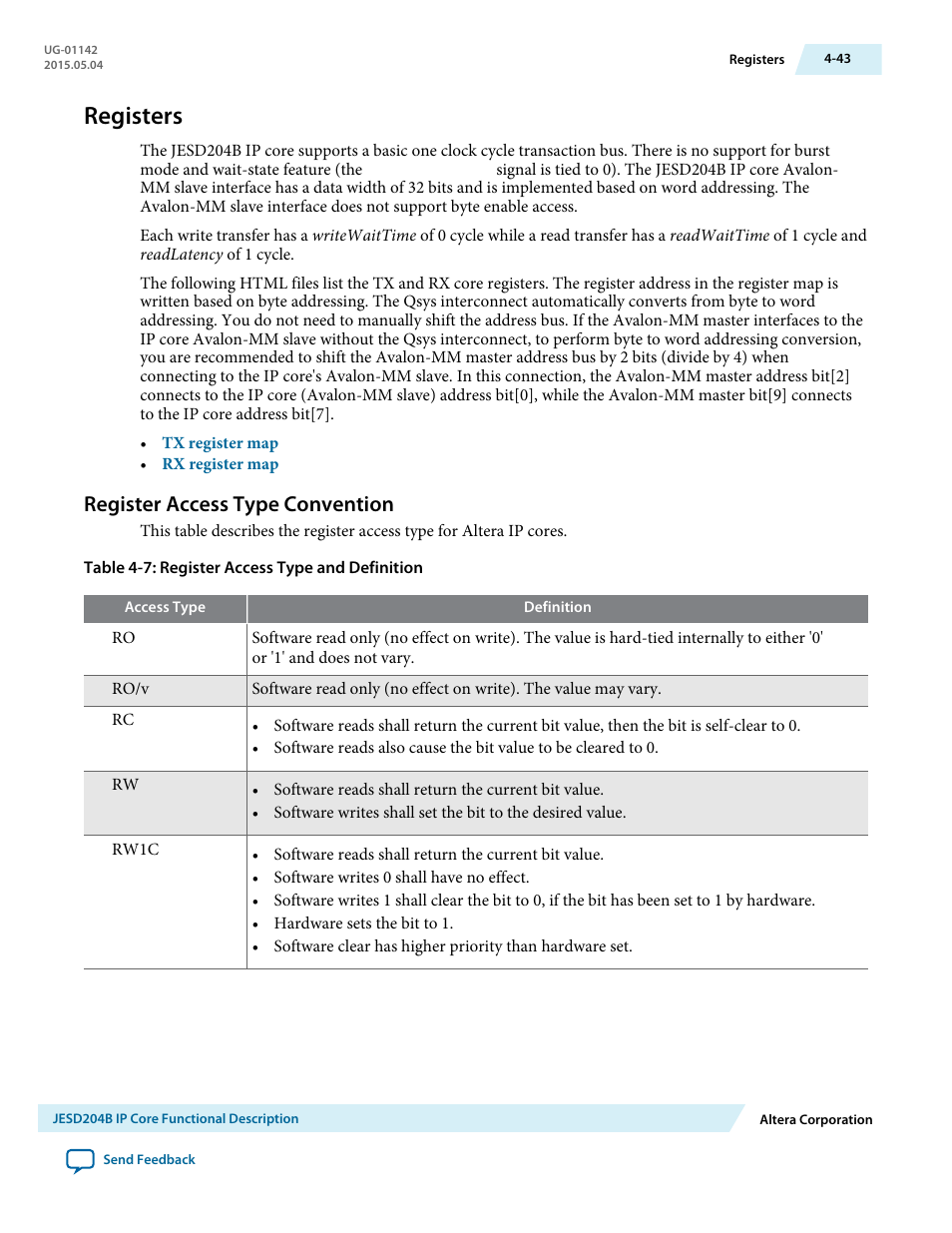 Registers, Register access type convention, Registers -43 | Register access type convention -43 | Altera JESD204B IP User Manual | Page 80 / 158