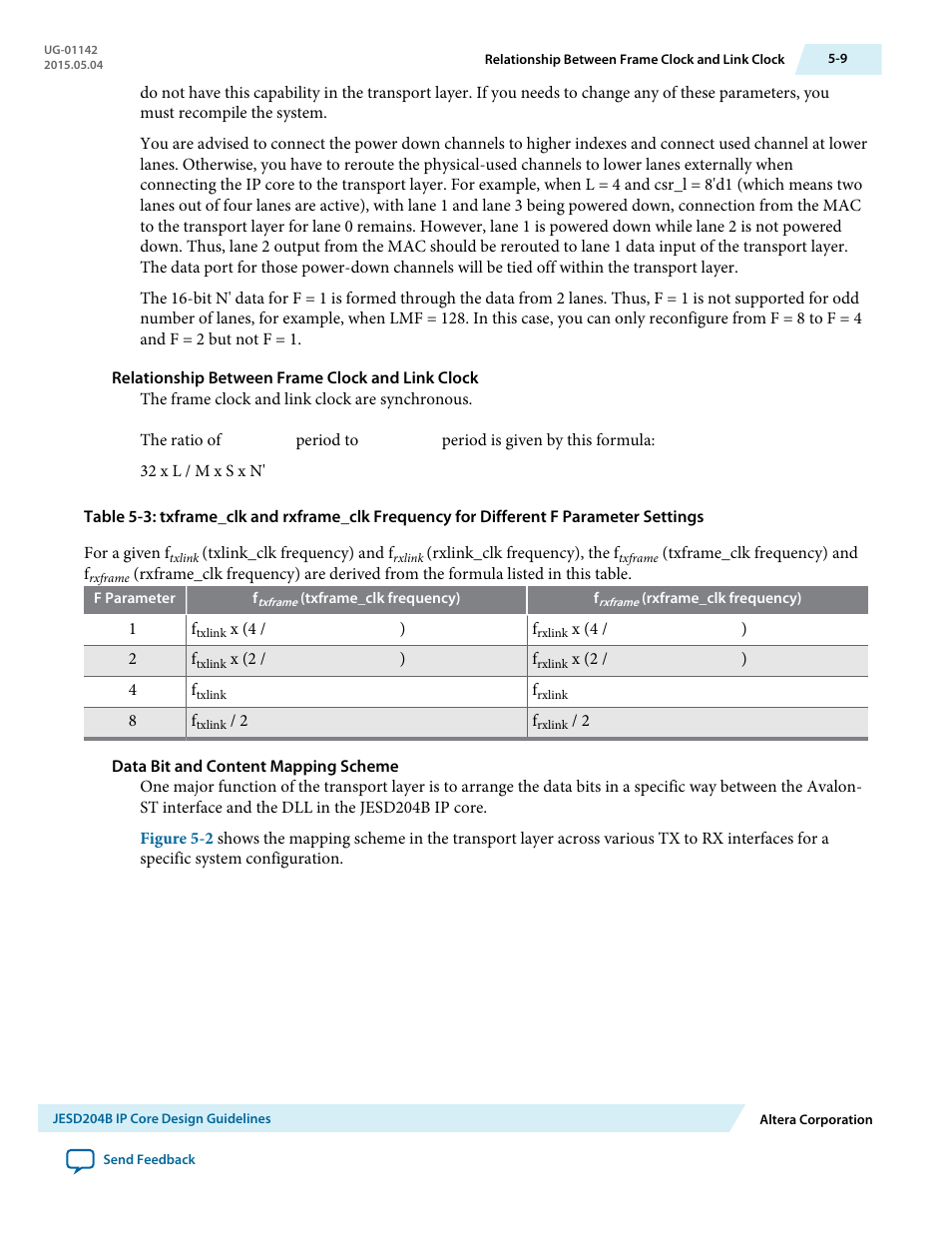 Relationship between frame clock and link clock, Data bit and content mapping scheme | Altera JESD204B IP User Manual | Page 90 / 158