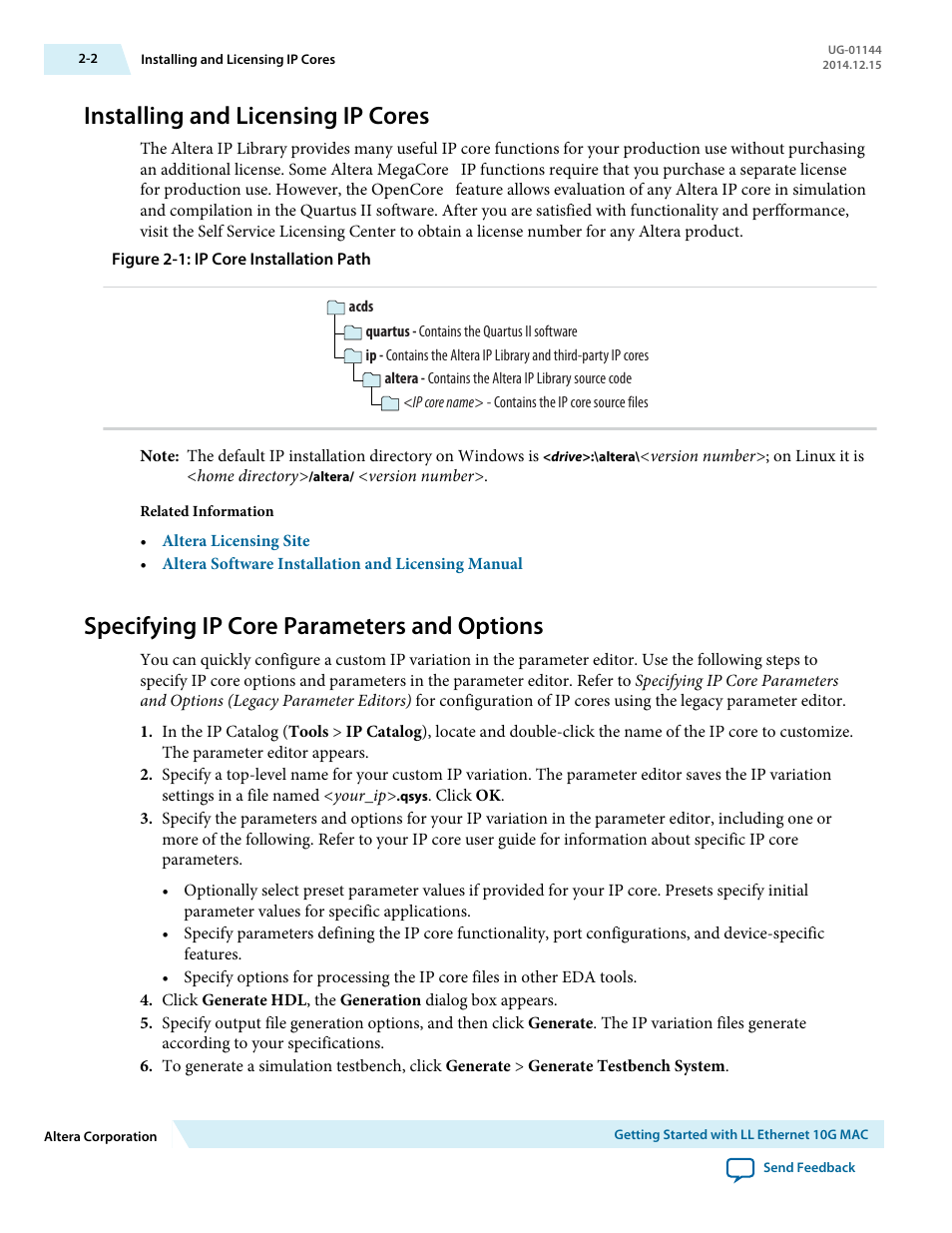 Installing and licensing ip cores, Specifying ip core parameters and options, Installing and licensing ip cores -2 | Specifying ip core parameters and options -2 | Altera Low Latency Ethernet 10G MAC User Manual | Page 11 / 109