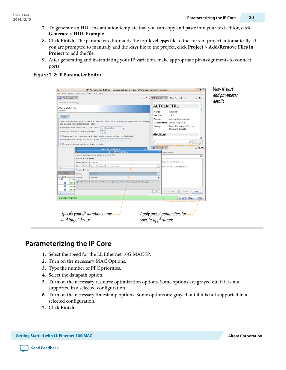 Parameterizing the ip core, Parameterizing the ip core -3 | Altera Low Latency Ethernet 10G MAC User Manual | Page 12 / 109